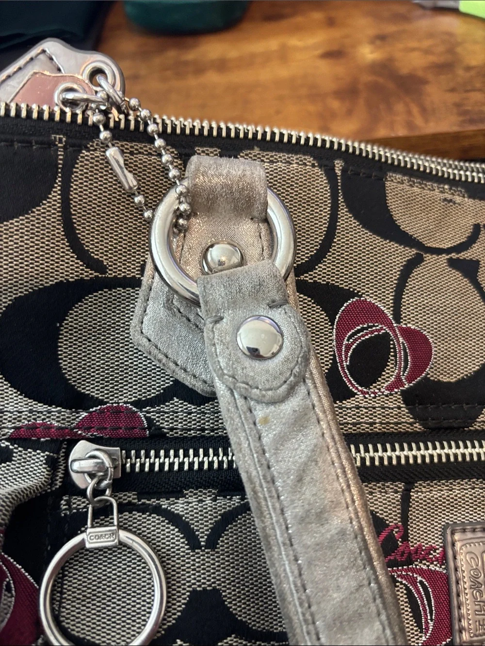 Coach Signature Poppy Large Canvas Tote in Khaki and Black with Pink Accents